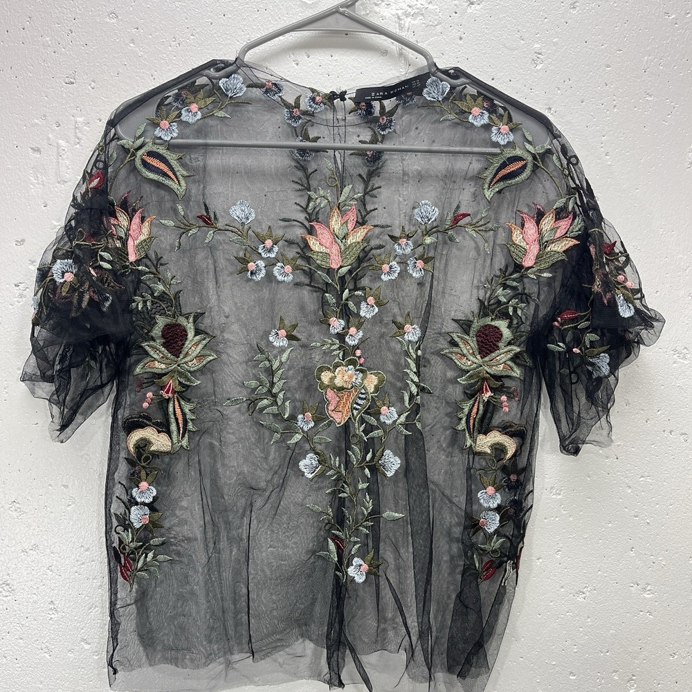 Zara Womens XS Sheer Mesh Floral Embroidered Top Short Sleeve - Picture 5 of 8